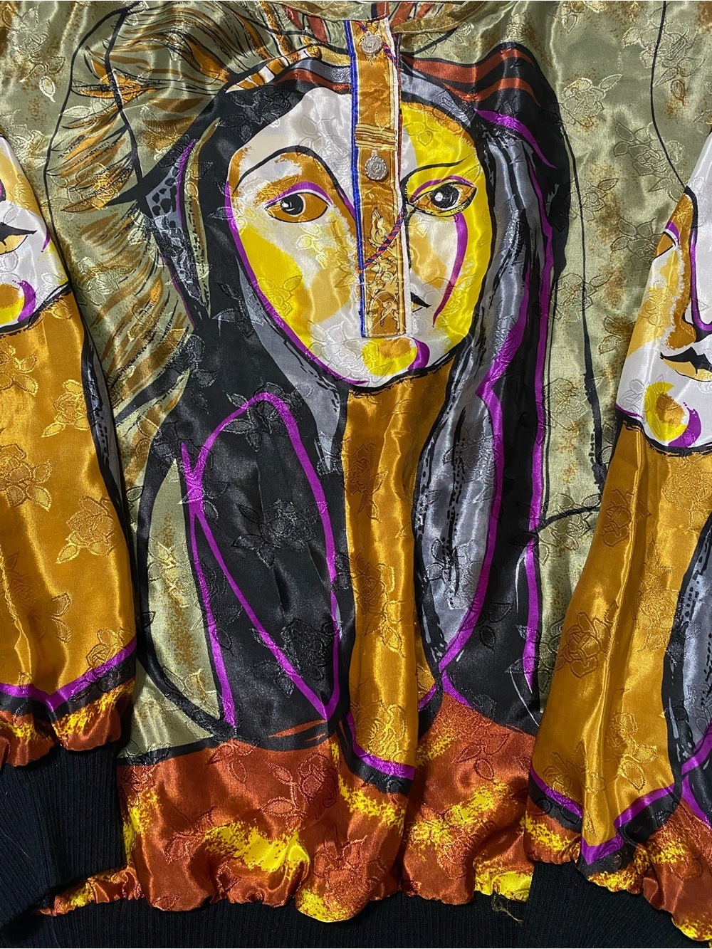 Artistic Abstract Face Print Bomber Jacket in Olive, Gold, Black - Picture 2 of 9